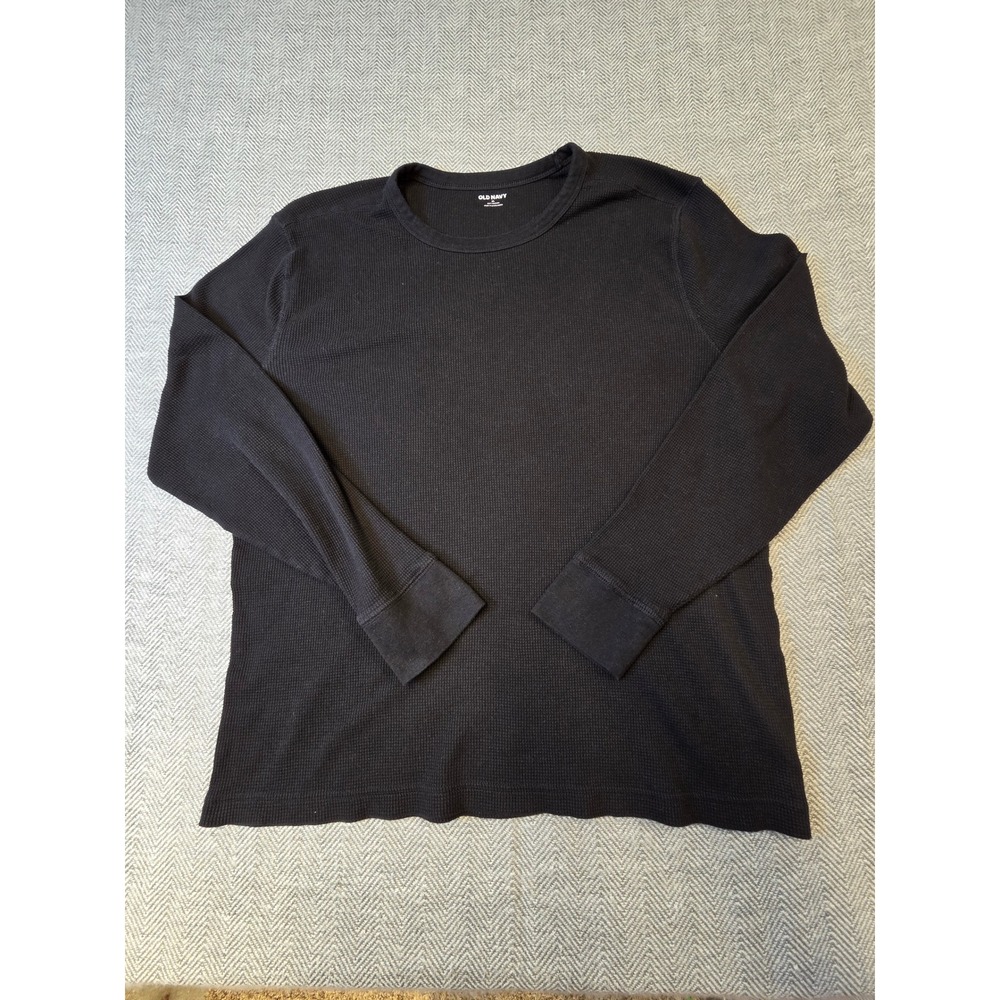 Old Navy Thermal Shirt Men XL Black Waffle Knit Soft Washed Long Sleeve Crewneck
